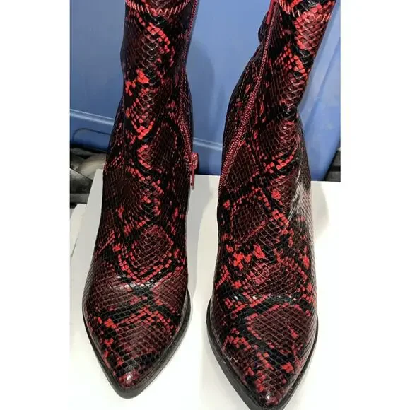 Womens Size 7 Kady Red Ankle Snake Skin Faux Leather Boots Pointy Toe Fashonnova - Picture 8 of 12